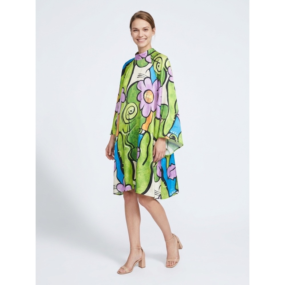 Dalin Abstract Floral Face Print Shift Dress Mock Neck Kimono Sleeve Large